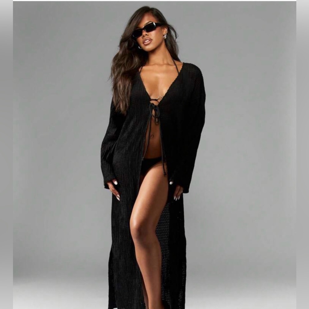 Missguided Black Long Knit Swim Cover-Up with Front Tie Detail